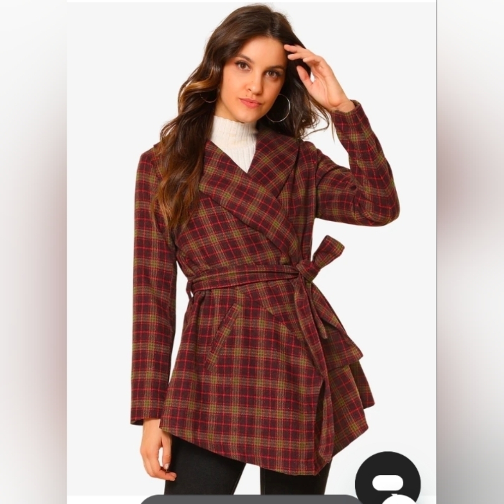 Allegra K Turn Down Collar Asymmetric Hem Thin Plaids Wrap Coat